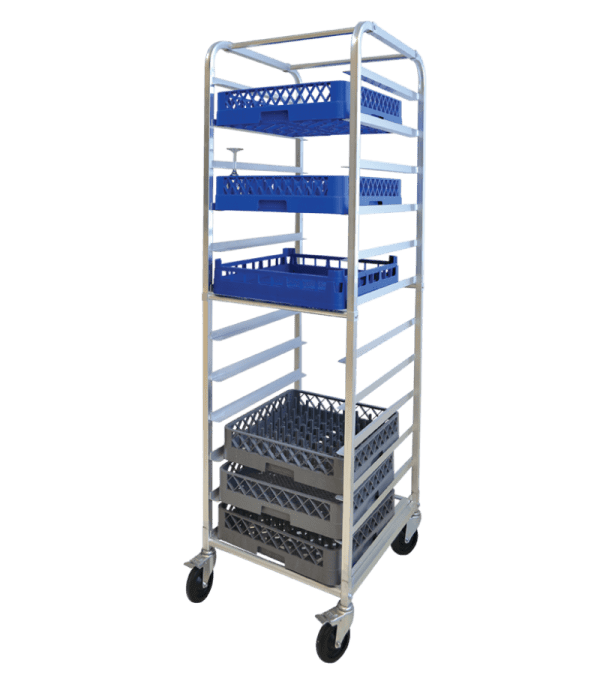This is an image of a bun pan rack wth rubbermaid dishwashing baskets by Thorinox. Thorinox is a high-quality stainless steel equipment for restaurants and other types of work stations.