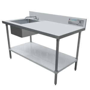 Ceci est une image d'un évier avec table de travail de Thorinox. Thorinox est un équipement en acier inoxydable de haute qualité destiné aux restaurants et autres types de postes de travail.