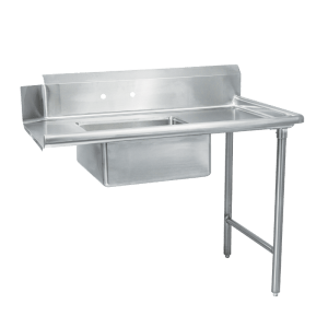 Il s'agit d'une image d'une table à vaisselle propre en acier inoxydable de Thorinox. Thorinox est un équipement en acier inoxydable de haute qualité destiné aux restaurants et autres types de postes de travail.